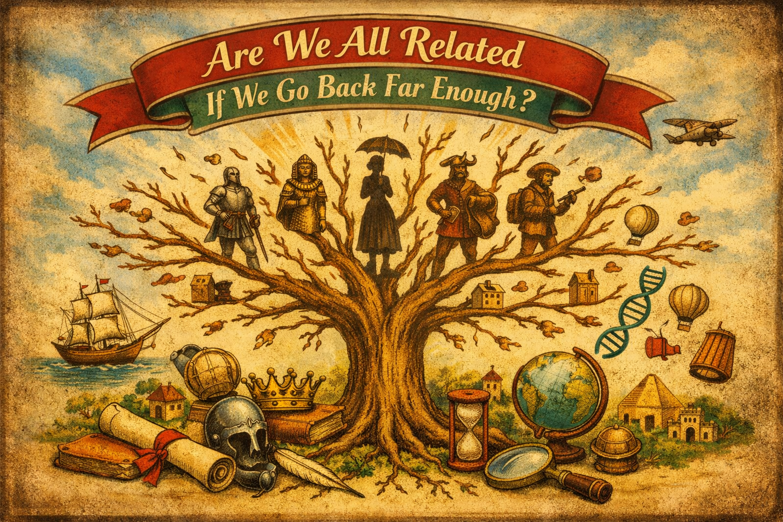 A vintage illustrated poster shows a large family tree with five ancestor silhouettes — a knight, a pharaoh, a Victorian lady, a Viking, and an explorer — surrounded by historical icons like a ship, crown, DNA strand, and globe. A curved ribbon banner at the top reads “Are We All Related If We Go Back Far Enough?” against a warm parchment background.