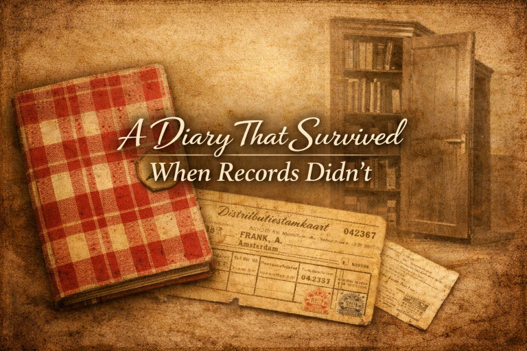 Anne Frank’s red‑checked diary beside a WW2 ration card and the Secret Annex bookcase, sepia collage with title “A Diary That Survived When Records Didn’t.”